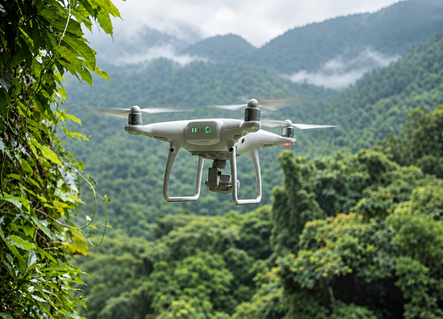 Monitoring drone above a forest landscape
